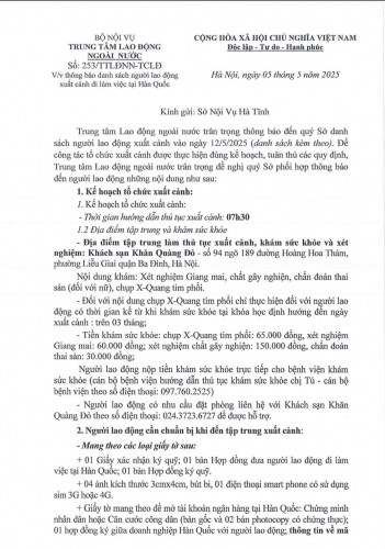 THÔNG BÁO DANH SÁCH NGƯỜI LAO ĐỘNG XUẤT CẢNH THEO CHƯƠNG TRÌNH HÀN QUỐC - EPS