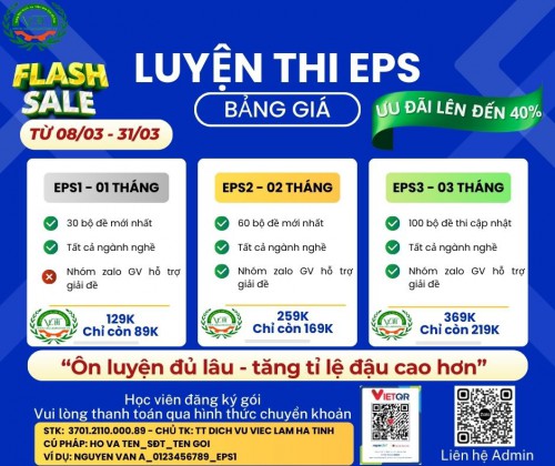 🔥 Flash Sale - Luyện thi EPS 🔥 📣 Ưu đãi lớn nhất Tháng 3 - Giảm đến 40%!