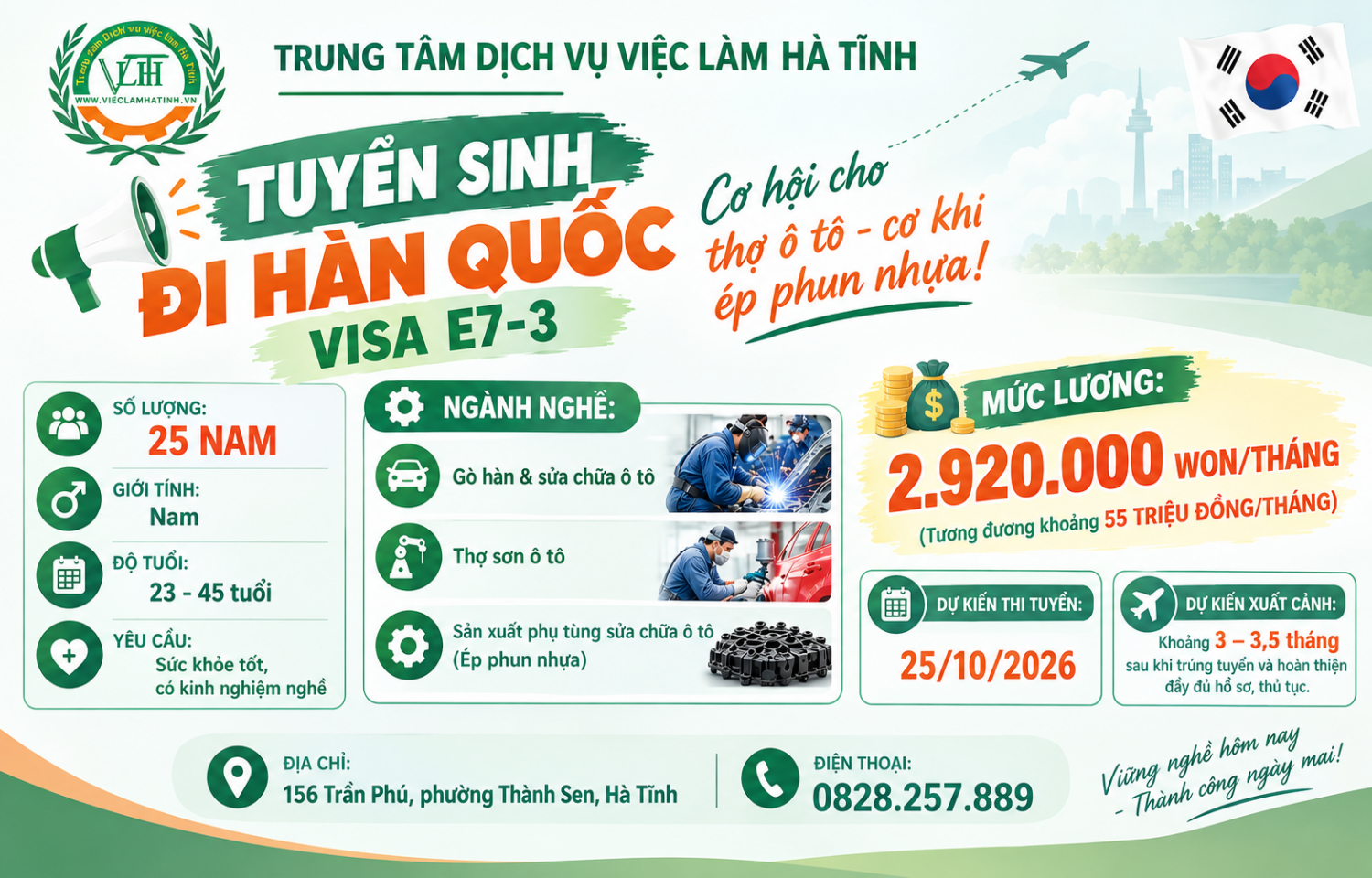 Tuyển LĐ E7-3 Hàn Quốc nghề Gò hàn, sửa chữa ô tô và ép phun nhựa